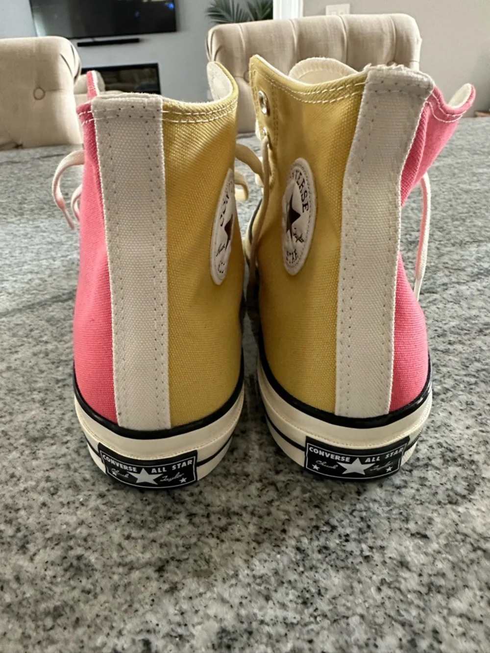 Two-Tone High Top Converse Canvas Sneakers in Coral & Yellow - Picture 8 of 11